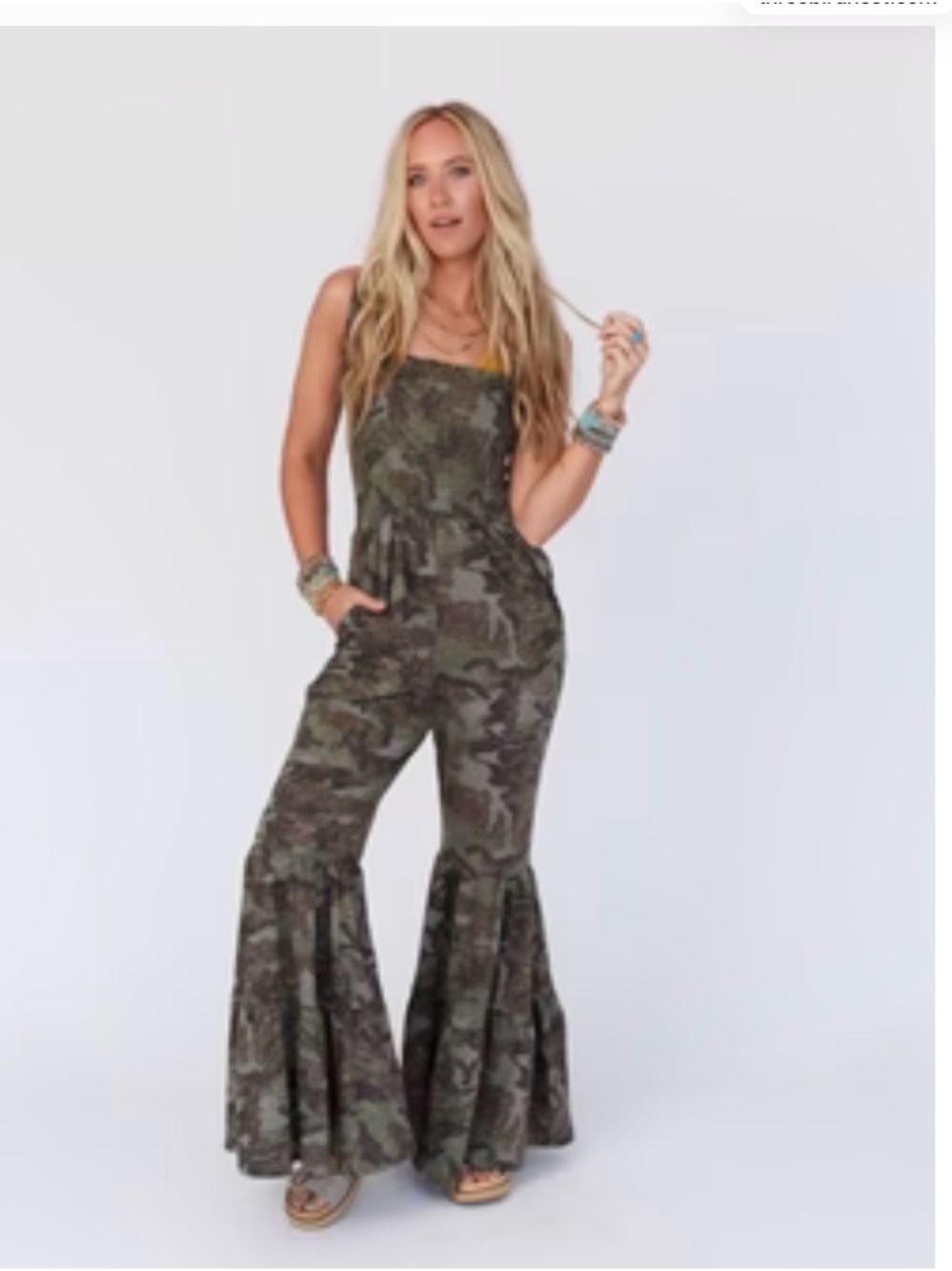 Camo Ruffle-Hem Jumpsuit in Olive Green